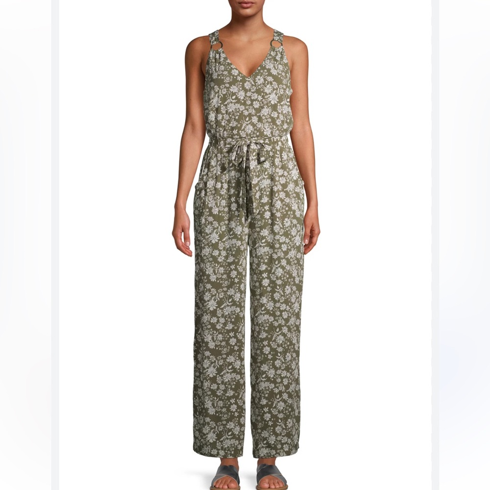 No Boundaries Sleeveless Jumpsuit Floral Olive Green